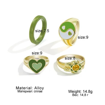 IFME Модни Y2K Зелени Метални Пръстени Комплект За жени, Мъже Сърцето Иньян Усмивка Геометрични Пръстени, Мода Бижута Подаръци