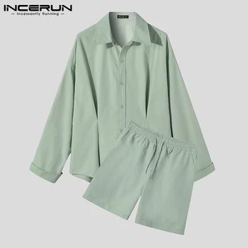 INCERUN 2021 Модерен мъжки комплекти на улицата дрехите на ревера на Ризата с дълъг ръкав и шорти от две части, Свободни обикновен мъжки Ежедневни костюми S-5XL 7
