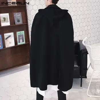 INCERUN Модни пелерини Нова вълна палто за мъже Casual градинска облекло Обикновена зимни блузи с качулка с ръкав Прилеп Дъждобран Пончо S-5XL 2021