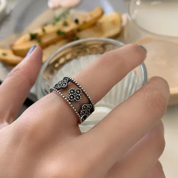 INS Модни пръстени от сребро проба 925 с цветя за жени Реколта Ръчно изработени Творчески кухи геометрични пънк-украса за партита Подарък