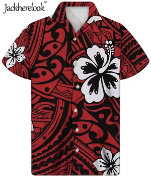 Jackherelook Летни Хавайски ризи Мъжки Дрехи Червен Полинезийски Tribal Samoan Цветен принт Плюс Размера на Мъжки Блузи Camisa Hombre