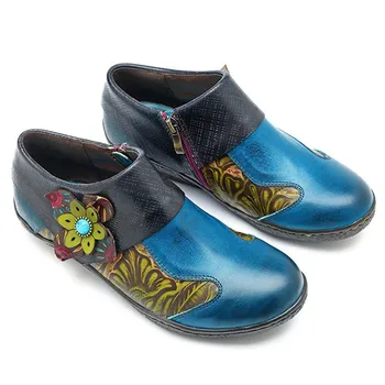 Johnature Естествена кожа 2021 Новата есенна дамски обувки на равна подметка смесени цветове с цип Ежедневно с кръгло бомбе Малка шевна Ретро дамски обувки