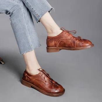 Johnature Обувки-лодка от естествена кожа, Дамски обувки с кръгло бомбе в ретро стил дантела 2021 Новата есенна Шевна ръчно изработени обувки за почивка Лаконичная дамски обувки