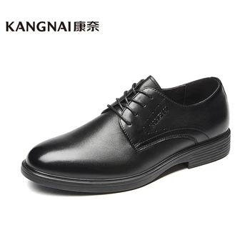 KANGNAI Мъжки модельная обувки от естествена кожа, с кръгли пръсти, черна официална бизнес обувки на равна подметка, Класическа лека мъжки обувки в стил дерби