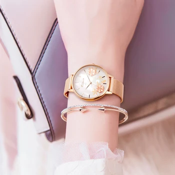 KIMIO Луксозни дамски часовник с голям циферблат мрежести Дамски колан от неръждаема стомана, Кварцов часовник с релефна Водоустойчив ръчен часовник Гривна