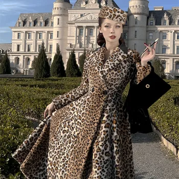 Le Palais Реколта 2022 Пролет Нов оригинален леопардовый принт V-образно деколте с висока талия на Еко-изкуствена кожа Модерни елегантни палта За жени