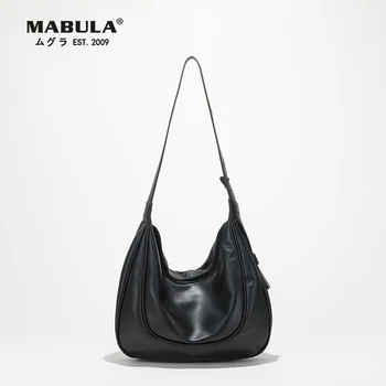 MABULA Черна Голяма дамска чанта-скитник по рамото със закопчалка на бутон от мека кожа Единични Чанти и портмонета с регулируема каишка
