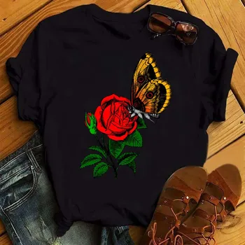 Maycaur Модни дамски черна тениска Пеперуда Целувка Червена роза Тениска с принтом Harajuku Хубава графична тениска Дамски дамски ежедневни тениска