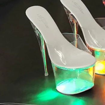 Mclubgirl Секси обувки за нощен клуб Светещи сандали Обувки за танци на модния подиум с шесто Прозрачен кристален дамски обувки LFD-10368-88