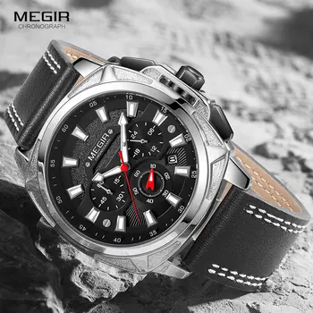 MEGIR Ежедневни кожени кварцови часовници Мъжки Луксозни Отгоре маркови часовници с хронограф Мъжки Relogio Masculino Военно-спортни ръчни часовници 2128