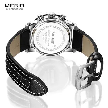 MEGIR Мъжки спортни кварцов часовник с Моден кожена каишка Хронограф Аналогови ръчни часовници за мъже Светещи Водоустойчив 2084GBK-1