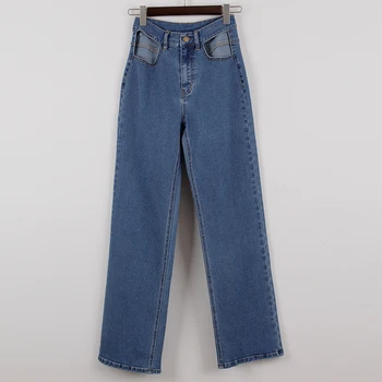 MEIYANGYOUNG Пролетни дънки с прави штанинами, выдалбливают дамски панталони с висока талия, Ежедневни сини дънкови модни панталони, дамски памучни дънки