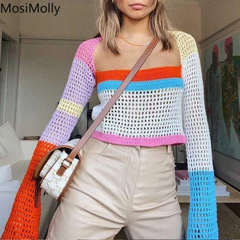 MosiMolly Пуловер, ръчно изработени Пуловер райе Пуловери за жени с дълъг ръкав съкратен жилетка от цветен блок Възли пуловери 2021 AW