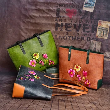 Motaora Реколта Женствена чанта от естествена кожа с релефни Чанта Ежедневни Чанти Голям капацитет Чанти за рамо, ръководство за работа За жени