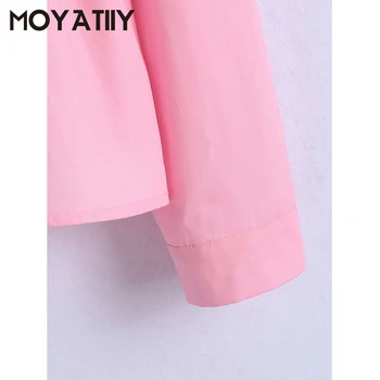 MOYATIIY Модни дамски ризи 2021 година карамельно-розов цвят Реколта блуза с вълнообразни накъдрен Офис дамски ризи с копчета от Дамски блузи