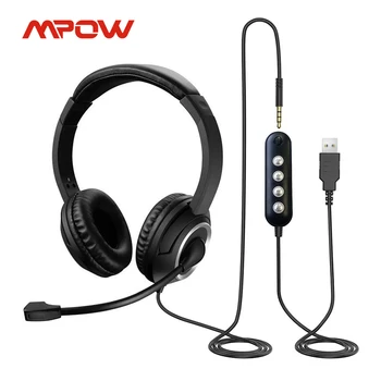 Mpow U10 USB, 3.5 мм Кабелни Слушалки с Шумоподавляющим Микрофон и Ухо с паметта За вграден контрол на Слушалки за онлайн-обучение по офис обаждания