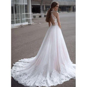 MS Rose елегантна сватбена рокля трапецовидна форма с дълбоко V-образно деколте без ръкави с отворен гръб Дантелени апликации Тюл Сватбена рокля Vestito Da Sposa