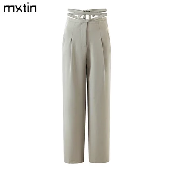 MXTIN 2021 За жени Лятна Реколта обикновена папийонка Колан Модни Панталони с ципове със задните джобове Офис женски дамски панталони на щиколотке