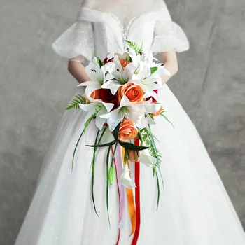 New Wedding Collection White Лили With Orange Roses Cascading Bridal bouquet букет с имитация на вода Ramos de flores decoracion