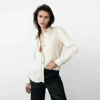 Nlzgmsj Za За жени 2022 Модни обикновена Свободни блузи За жени Реколта на ревера с дълъг ръкав копчета Дамски ризи Blusas Шик Топ 202111