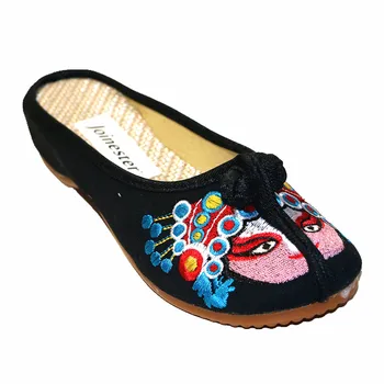 Opera Бродирани дамски чехли Етническа обувки с отворен гръб за жени Ежедневни обувки на плоска подметка Дамски мокасини от памучен плат Сандали