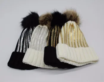 OZyc Зима за възрастни Сребърна цип възли шапки, Дамски бронзови шапка от изкуствена кожа с pom-помераните Шапки за момичета Топли шапки gusseted