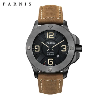 Parnis 47 мм Военни Механични-Автоматични мъжки часовници Най-добрата марка на Луксозни Мъжки часовник Сапфир Кристал Часовник от естествена черна кожа