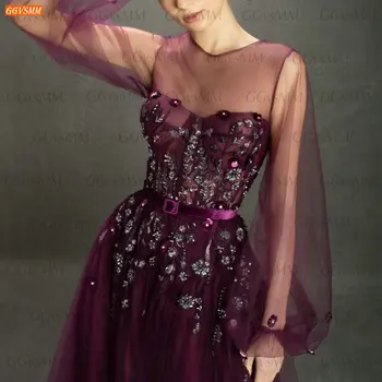 Purple Prom Dresses 2022 Robe De Bal Femme Longue O Neck Long Sleeves рокля на бала A Line Appliqued Beading Party Dress