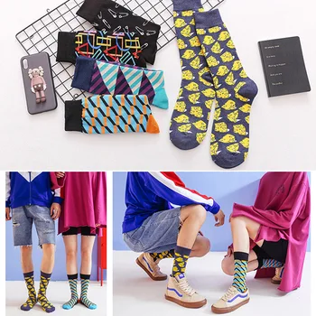 Q Персонализирани геометричен модел Цветни памучни спортни чорапи за чифт Мъжки чорапи Harajuku Щастлив забавен чорап За жени сгъсти