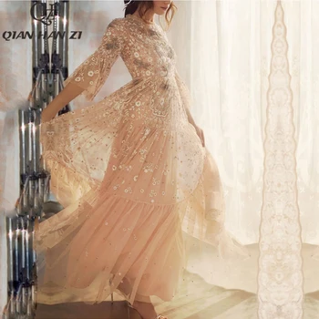 QHZ дизайнерска мода писта макси рокля с изгорени ръкави Луксозни мъниста Елегантна окото бродерия тънка дълга рокля за жени Пролет-лято