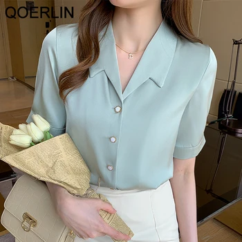 QOERLIN Офис дами Сатен риза с къс ръкав Дамски Елегантни тоалети OL Шикозна Бяла блуза на копчета Плюс Размер Момиче Сладки Върховете Риза