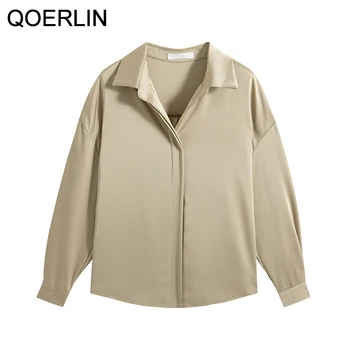 QOERLIN Пролетно Нова дамски однотонная елегантна блуза в стил ретро с отложным яка и копчета, риза с дълъг ръкав, есенни ежедневни потници, бели ризи