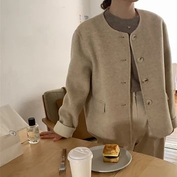 REALEFT Есен зима Минималистичен вълна топъл женски сако Нов 2021 Однобортный Класически палта с дълъг ръкав на Горно облекло Корейски