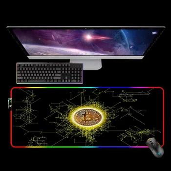 RGB Art Bitcoin XXL 90X30 Подложка за мишка Alfombrilla Raton Подложка за мишка, Подложка за клавиатура LED подложка за мишка без приплъзване с подсветка Tapis De Souris