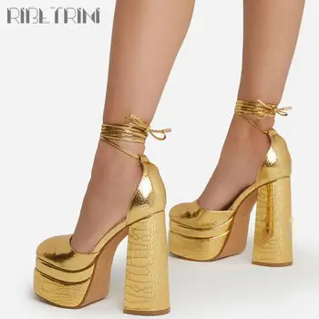 RIBETRINI Нова марка луксозни с двойна подметка на платформа на висок ток с Каишка на щиколотке Златен секси банкетна през цялата чорап Секси модни дамски обувки-лодка