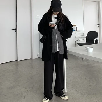 Rimocy на Извънгабаритни жилетка с дълъг ръкав за жени 2021 Корейски однобортный свободен пуловер, Палто Дамски градинска облекло монофонични жилетка