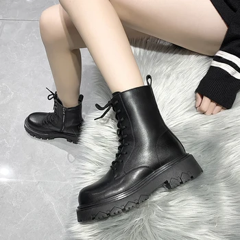 Rimocy Топло къс плюшен дамски зимни обувки 2021 г. Черни дамски ботильоны на платформата с шнур изкуствена кожа на дебелите ток Мотоциклетът обувки