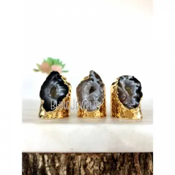 RM40227 Бижута от необработени камъни Бохо Пръстен с широка ивица Ахат Друза Жеода Изявление Пръстен Сребърен или Златен Пръстен-маншет