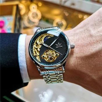 SEWOR Кух Дизайн Tourbillion Ежедневните Бизнес мъжки Ръчен часовник Водоустойчив Автоматични Механични часовници Мъжки Светещи, Фаза на Луната
