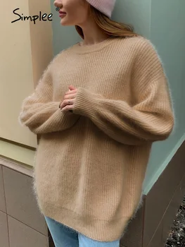 Simplee Случайни минималистичен мек женски пуловер есен зима Za ръкав-фенерче пуловер с кръгло деколте camel офис модерен кратък скок