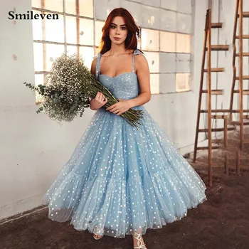 Smileven Небето сини Буйни тюлевые мини рокли за бала Скъпа Трапециевидная Абитуриентски рокли с лък бретелях Дължина до чай Сватбени рокли за партита 2022
