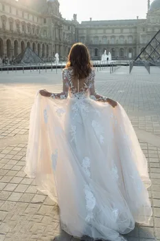 SoDigne Boho Сватбени рокли Принцеса с дълъг ръкав Блестящи дантелени апликации Илюзия Плажни Шаферски рокли, Vestidos de новия