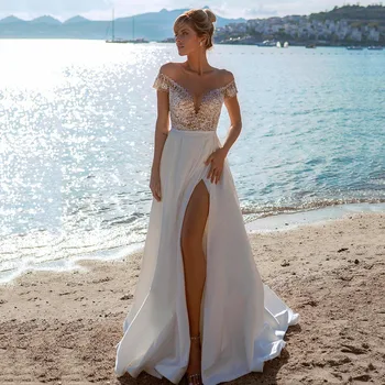 SoDigne Блестящи дантелени сватбени рокли Boho 2022 с открити рамене с къси ръкави Плажна рокля на Булката със странична цепка Илюзия Сватбени рокли