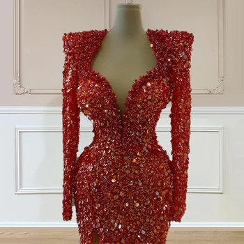 Square Neckline Long Sleeves فساتين السهرة robe de soirée Пайета Floor Length вечерни рокли Mermaid Dress FOE31206