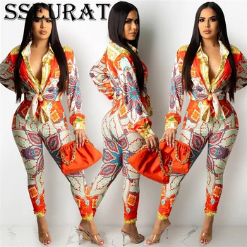 SSEURAT 2021 Есенни дамски комплекти с принтом топ с дълъг ръкав, риза и панталони, костюми, комплект от две части, Ежедневни спортни костюми, тоалети