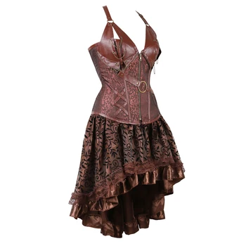 Steampunk Корсетное рокля За жените Готик корсет от изкуствена кожа Бюстие бельо Топ с асиметрична завързана пола Комплект Пиратски костюм S-6XL