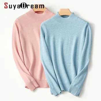 SuyaDream Дамски зимни пуловери от вълна с имитация на шията Прости пуловери 2021 Есен Зима Основни блузи за жени Розов син