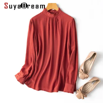 SuyaDream Дамски копринени блузи Естествена коприна с къдри яка-часова рецепция с дълъг ръкав Червена блуза, Риза 2022 Пролет Лято Ризи