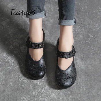 Tastabo Дамски обувки от естествена кожа с аппликацией на висок ток дизайн на Обикновен всекидневен стил Червен черен S19067 Дивата ежедневни обувки нескользящая