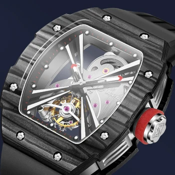 Tourbillon часовници скелет часовници мъжки механичен часовник HAOFA водоустойчив син сапфир правоъгълен корпус, гумена каишка светещи